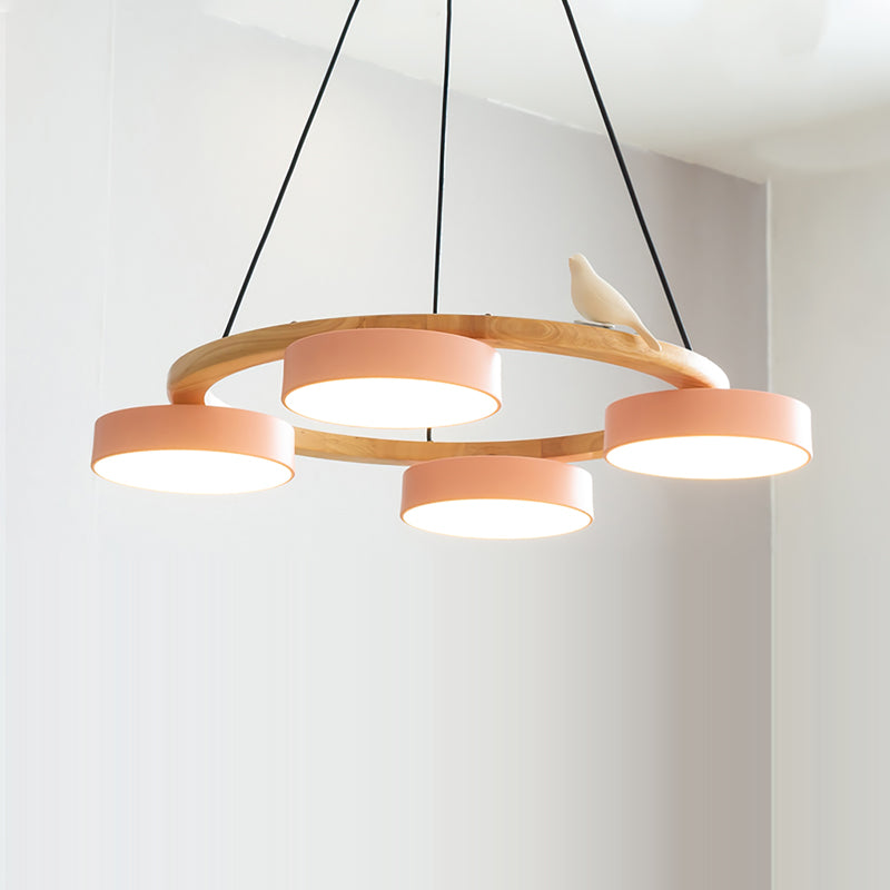 Round Pendant Lamp With Birds Wooden Ring LED 65cm 72cm | Sansoti