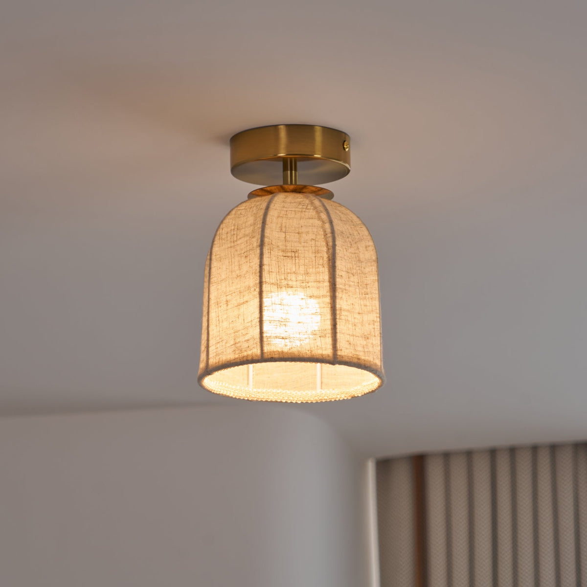 Linen Ceiling Lamp with Golden Iron Frame Rustic Design Warm Ambient Light for Bedroom Living Room Hall Entrance Country Style | Sansoti