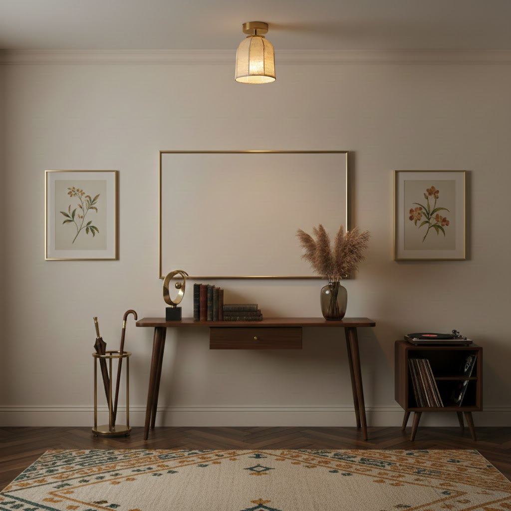 Linen Ceiling Lamp with Golden Iron Frame Rustic Design Warm Ambient Light for Bedroom Living Room Hall Entrance Country Style | Sansoti