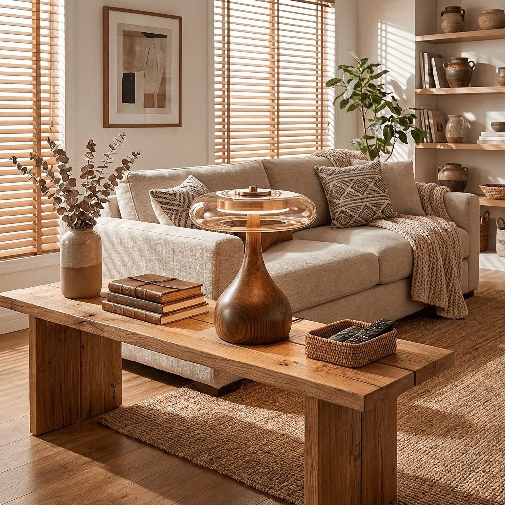 Tischleuchte mit gebogenem Holzfuß und bernsteinfarbenem Glasschirm – modernes skandinavisches Design – warmweißes Licht – Plug-in, 150-cm-Kabel – ø 8,7" – 2 Höhen | Sansoti