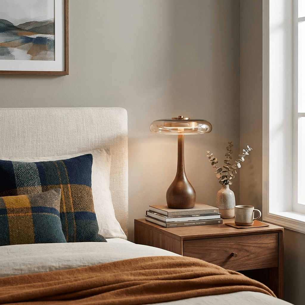 Tischleuchte mit gebogenem Holzfuß und bernsteinfarbenem Glasschirm – modernes skandinavisches Design – warmweißes Licht – Plug-in, 150-cm-Kabel – ø 8,7" – 2 Höhen | Sansoti