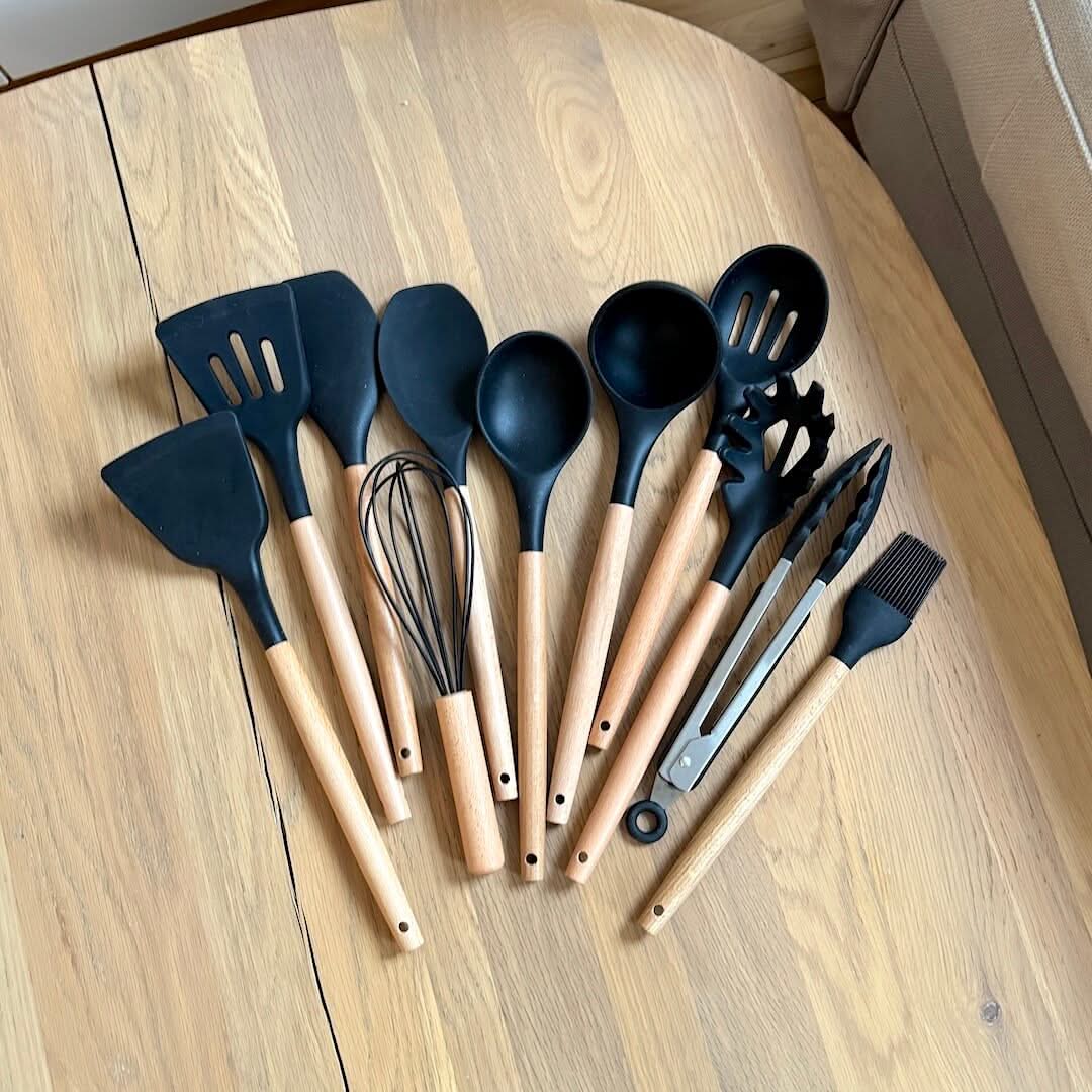 11-Piece Silicone Kitchen Utensil Set Heat-Resistant Non-Stick Wooden Handle Cooking Tools Kitchen Accessories | Sansoti