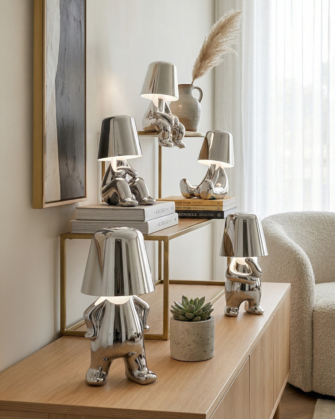 Lampe de table en métal sculpture figure lumière d’ambiance tactile dimmable LED veilleuse or argent design moderne décoratif | Sansoti