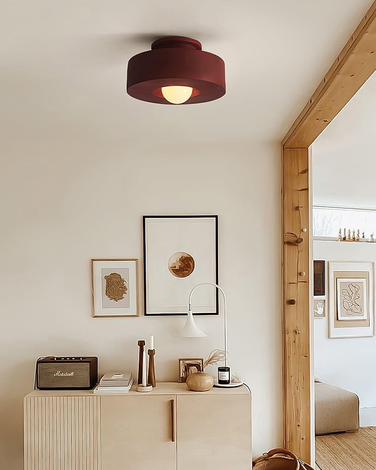 Simon ceiling lamp with stacked cylindrical shapes, resin, available in red, green and black, E26 E27 socket, Ø30×15cm, minimalist design, geometric sculptural lighting element | Sansoti