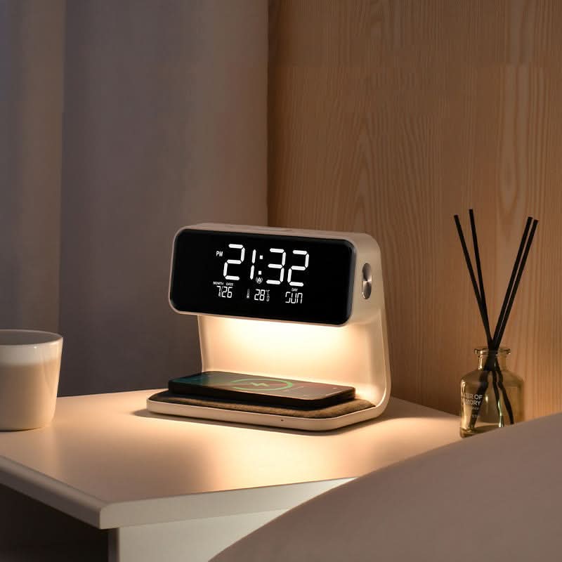 Bedside Lamp with Wireless Charger and Alarm Clock 3-in-1 Multifunctional LED Lighting Touch Dimmable White | Sansoti