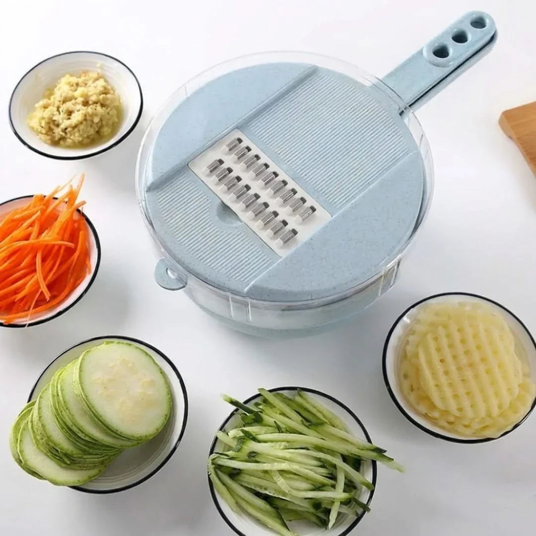 Multifunktionaler Gemüseschneider 8-in-1 mit Auffangbehälter und Sieb für die Küchenvorbereitung von Salaten und Obstsalat | Sansoti