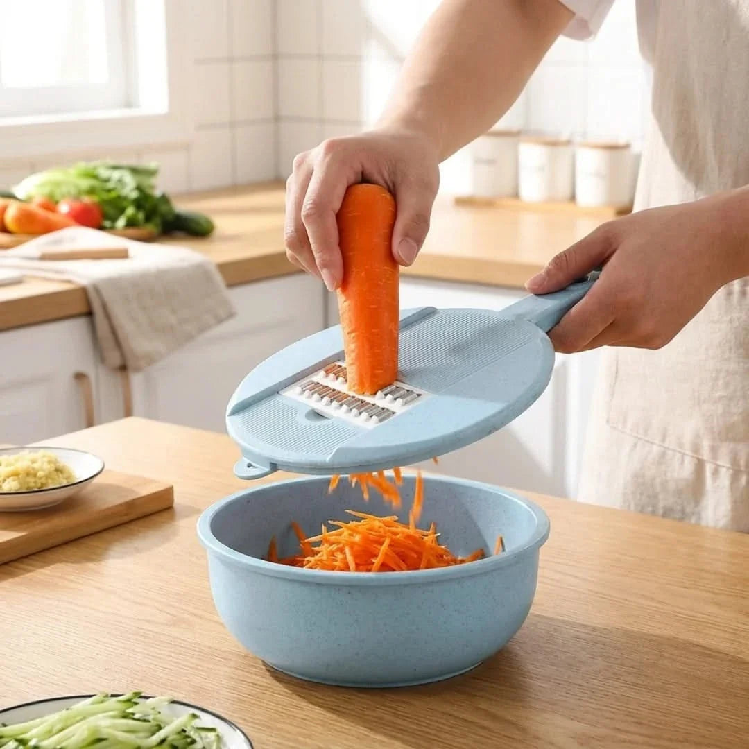 Multifunktionaler Gemüseschneider 8-in-1 mit Auffangbehälter und Sieb für die Küchenvorbereitung von Salaten und Obstsalat | Sansoti