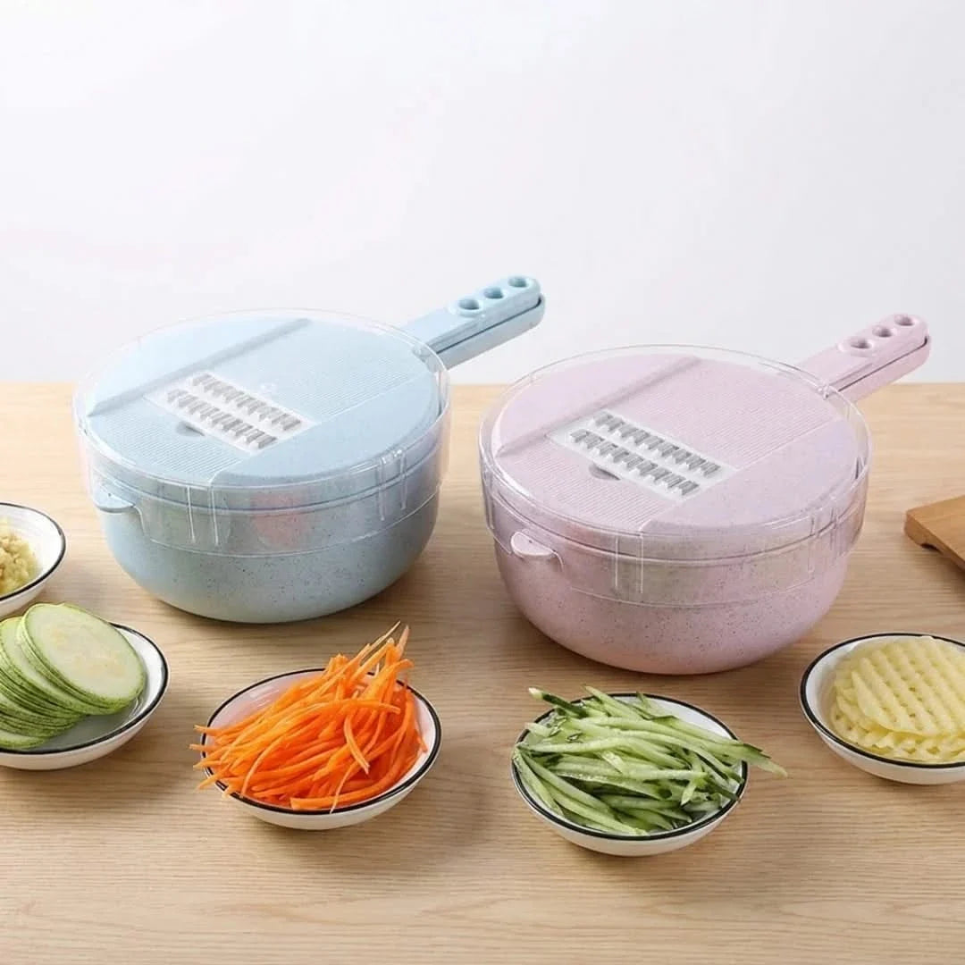 Multifunktionaler Gemüseschneider 8-in-1 mit Auffangbehälter und Sieb für die Küchenvorbereitung von Salaten und Obstsalat | Sansoti