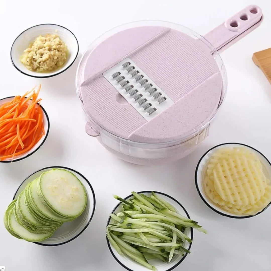 Multifunktionaler Gemüseschneider 8-in-1 mit Auffangbehälter und Sieb für die Küchenvorbereitung von Salaten und Obstsalat | Sansoti
