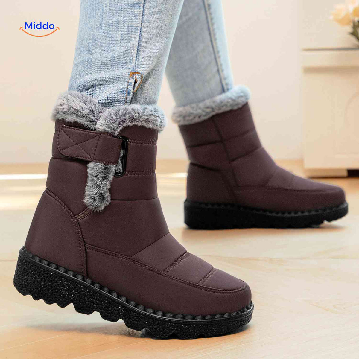 Waterdichte Winterlaarzen Dames met Bontvoering Antislip Enkelboots Warm Klittenband Snowboots Wandelen | Sansoti