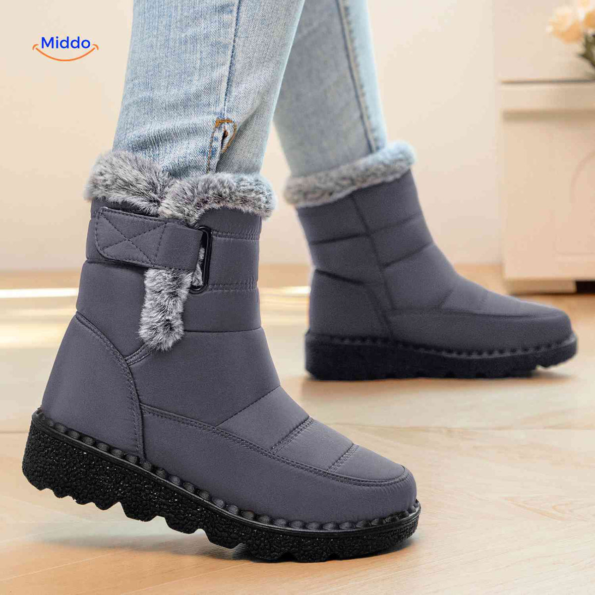 Waterdichte Winterlaarzen Dames met Bontvoering Antislip Enkelboots Warm Klittenband Snowboots Wandelen | Sansoti