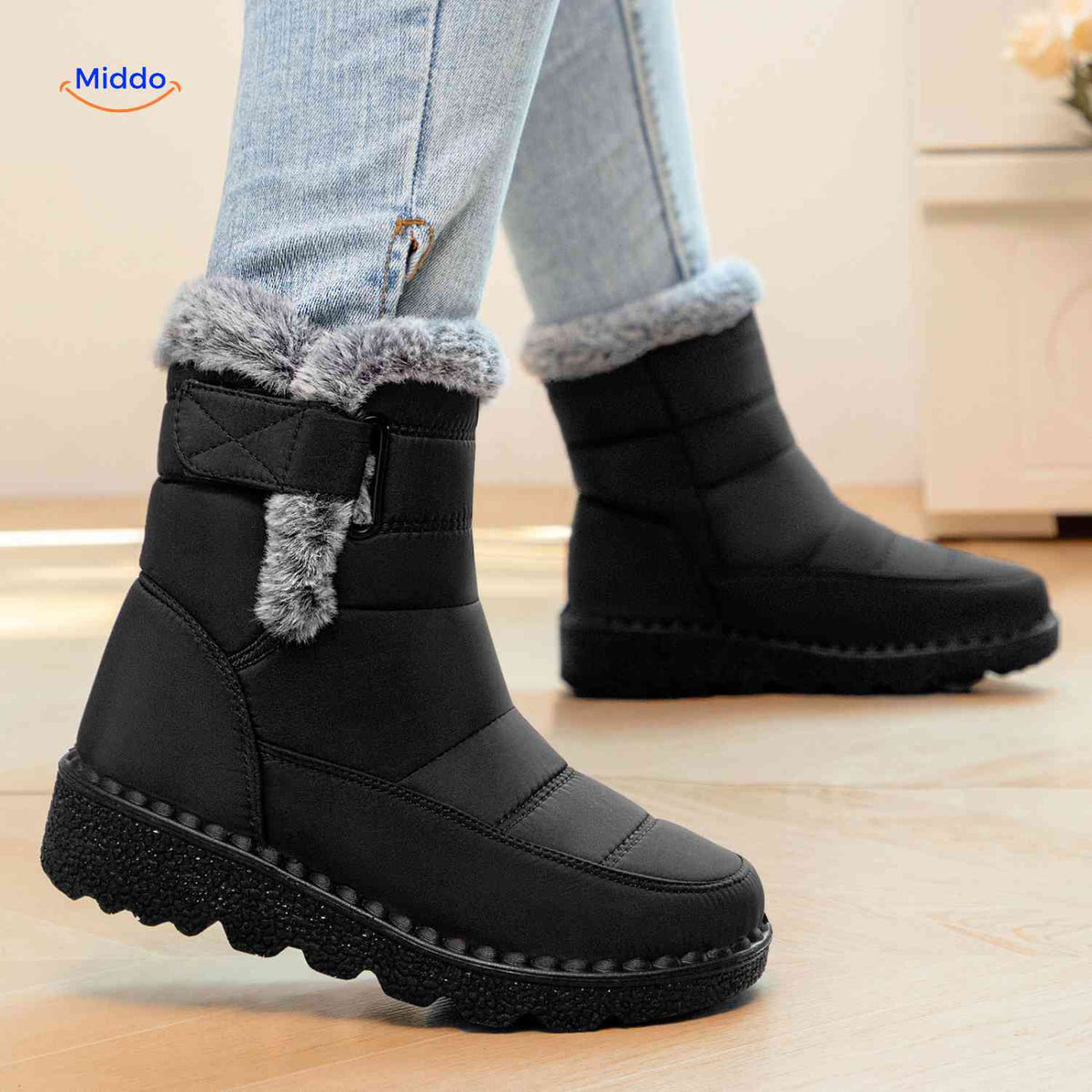 Waterdichte Winterlaarzen Dames met Bontvoering Antislip Enkelboots Warm Klittenband Snowboots Wandelen | Sansoti