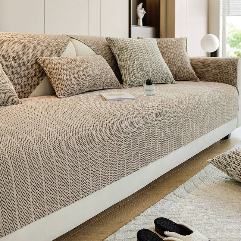 Chenille Sofa Cover Herringbone Pattern Scratch-Resistant Elastic 70-240 cm 1-Seater to King-Size Sofa Protector | Sansoti
