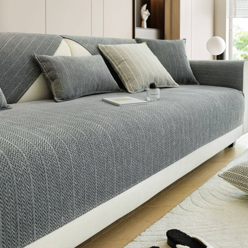 Chenille Sofa Cover Herringbone Pattern Scratch-Resistant Elastic 70-240 cm 1-Seater to King-Size Sofa Protector | Sansoti