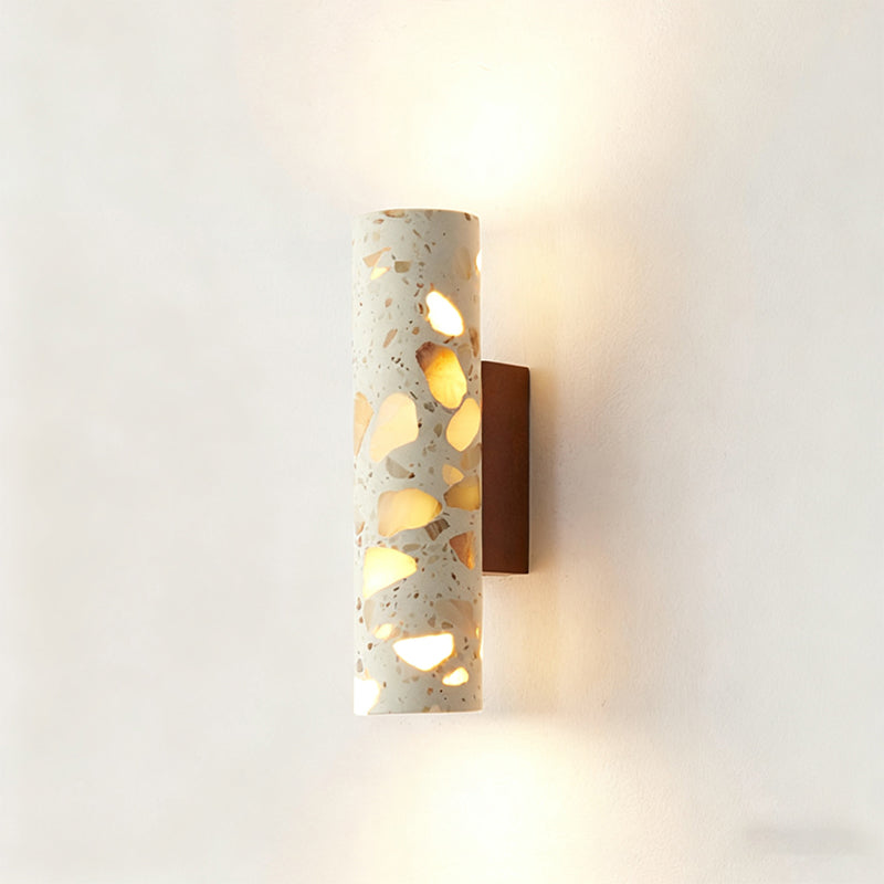 Wall Lamp Terrazzo Cylinder – Walnut Wooden Base – Handmade Natural Stone – Retro Column Design – Warm Light G9 – Living Room Bedroom Hallway | Sansoti