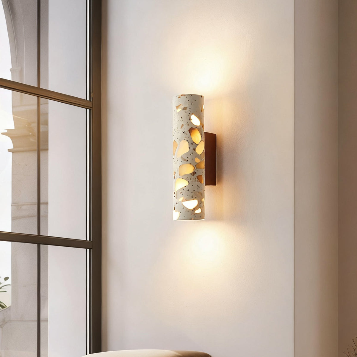 Wall Lamp Terrazzo Cylinder – Walnut Wooden Base – Handmade Natural Stone – Retro Column Design – Warm Light G9 – Living Room Bedroom Hallway | Sansoti
