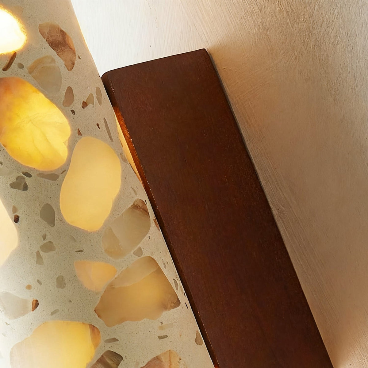 Wall Lamp Terrazzo Cylinder – Walnut Wooden Base – Handmade Natural Stone – Retro Column Design – Warm Light G9 – Living Room Bedroom Hallway | Sansoti
