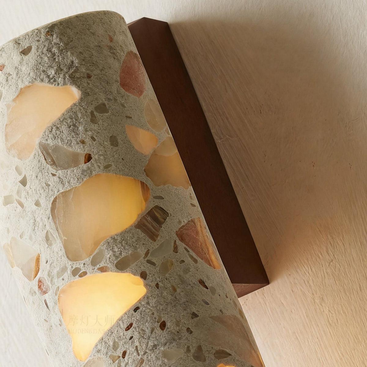Wall Lamp Terrazzo Cylinder – Walnut Wooden Base – Handmade Natural Stone – Retro Column Design – Warm Light G9 – Living Room Bedroom Hallway | Sansoti