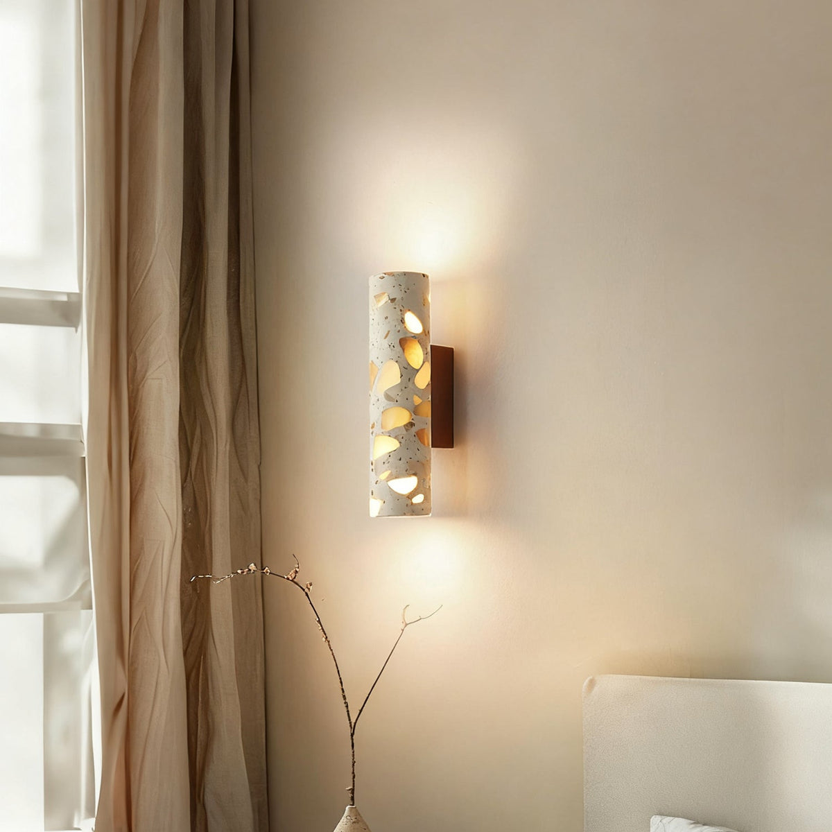 Wall Lamp Terrazzo Cylinder – Walnut Wooden Base – Handmade Natural Stone – Retro Column Design – Warm Light G9 – Living Room Bedroom Hallway | Sansoti