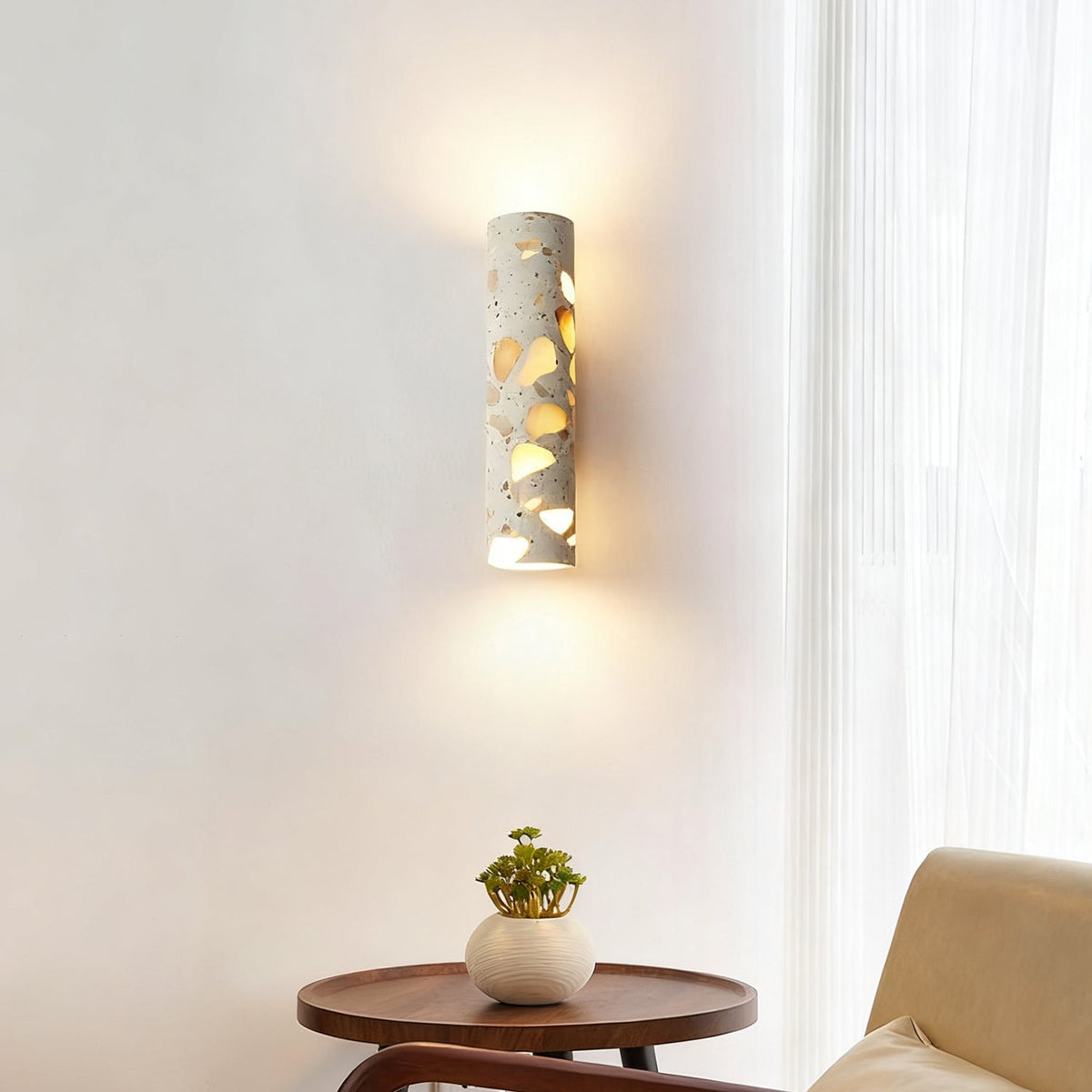 Wall Lamp Terrazzo Cylinder – Walnut Wooden Base – Handmade Natural Stone – Retro Column Design – Warm Light G9 – Living Room Bedroom Hallway | Sansoti