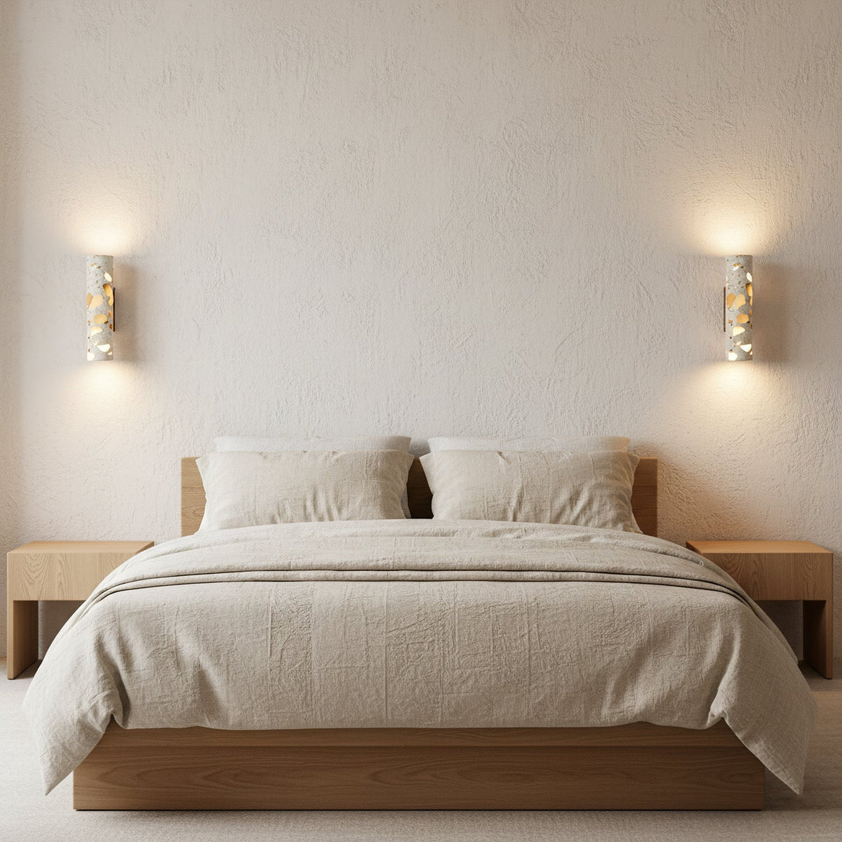 Wall Lamp Terrazzo Cylinder – Walnut Wooden Base – Handmade Natural Stone – Retro Column Design – Warm Light G9 – Living Room Bedroom Hallway | Sansoti