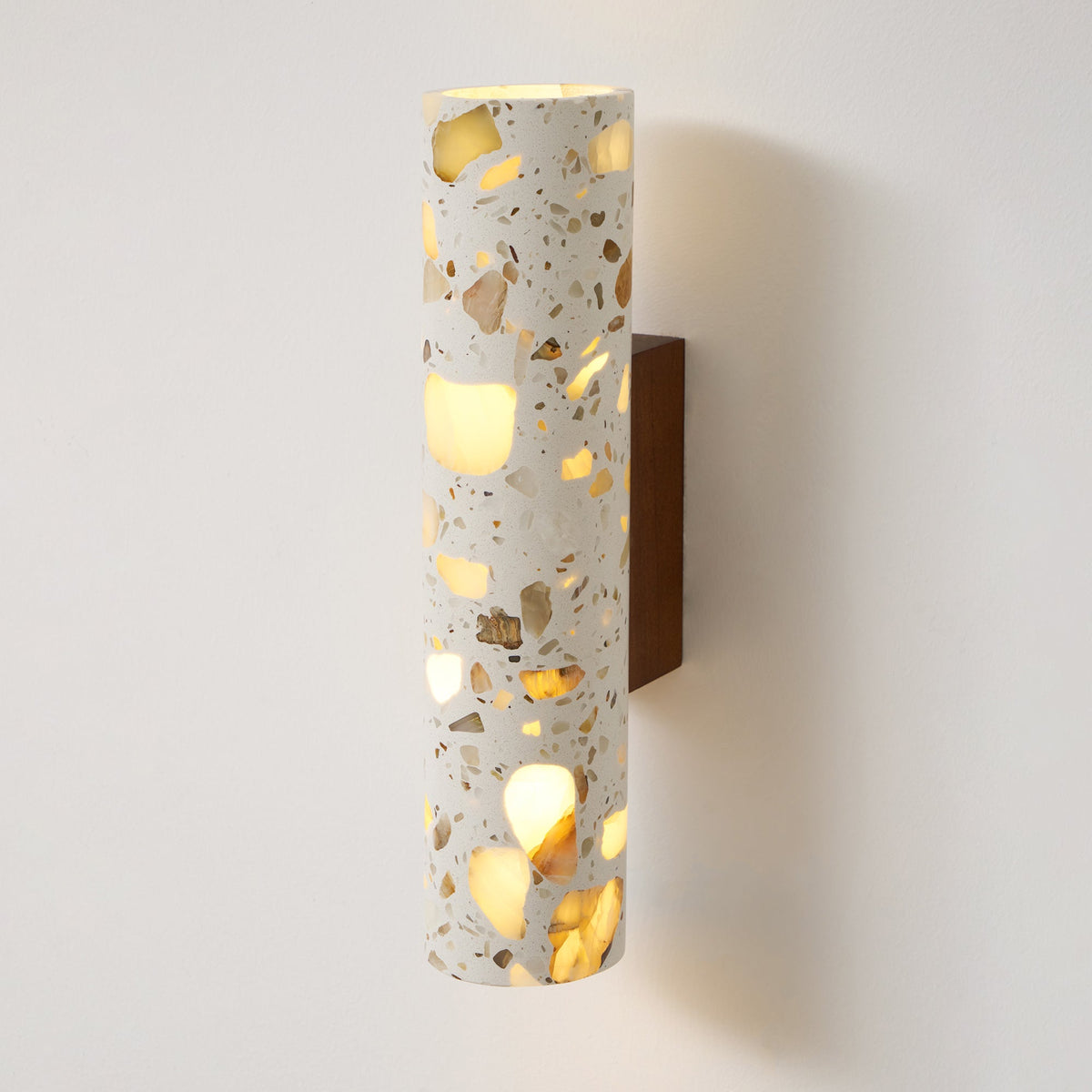 Wall Lamp Terrazzo Cylinder – Walnut Wooden Base – Handmade Natural Stone – Retro Column Design – Warm Light G9 – Living Room Bedroom Hallway | Sansoti