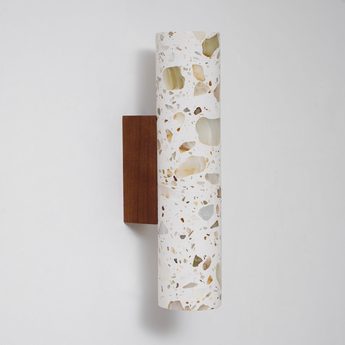 Wall Lamp Terrazzo Cylinder – Walnut Wooden Base – Handmade Natural Stone – Retro Column Design – Warm Light G9 – Living Room Bedroom Hallway | Sansoti