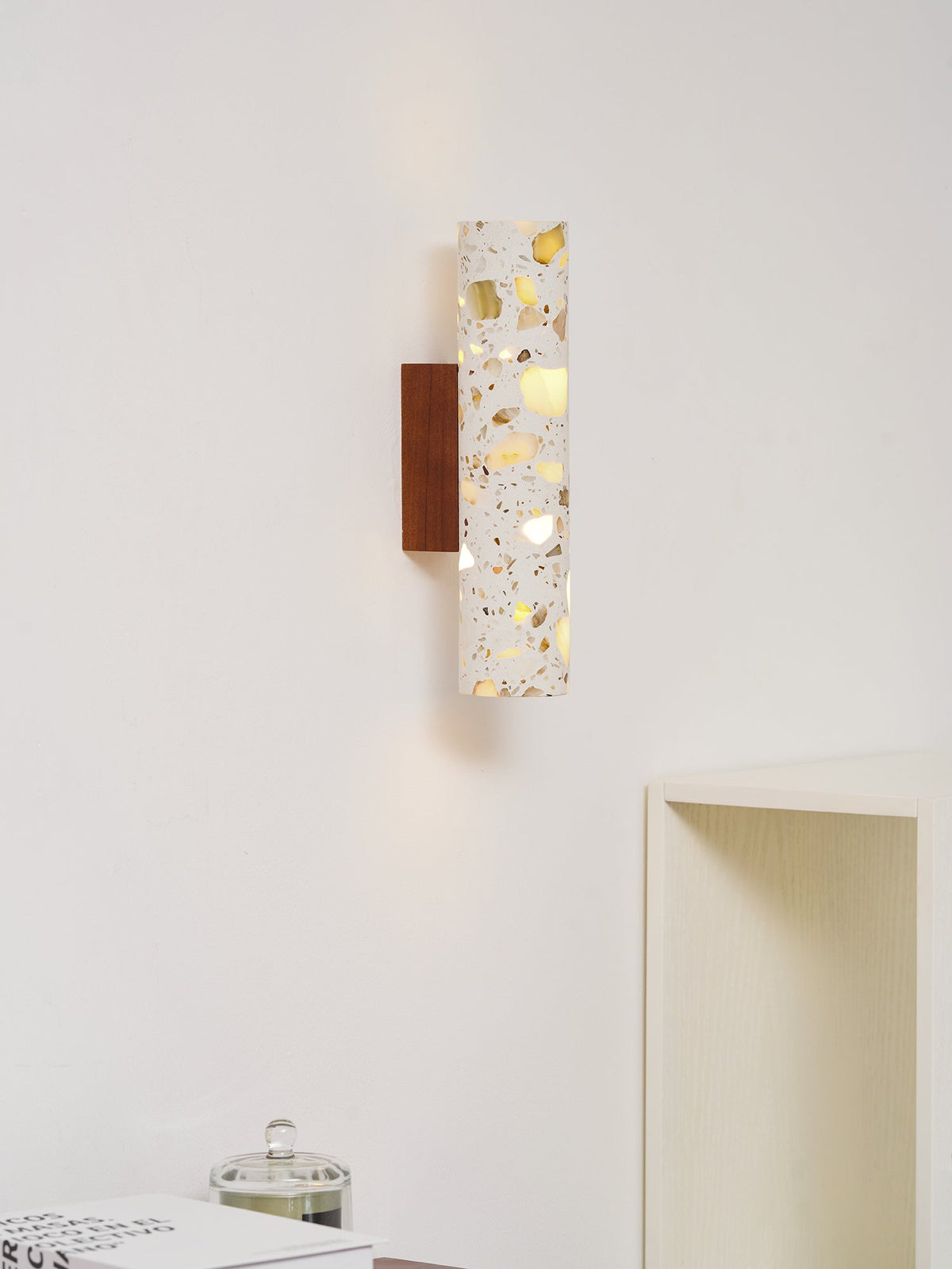 Wall Lamp Terrazzo Cylinder – Walnut Wooden Base – Handmade Natural Stone – Retro Column Design – Warm Light G9 – Living Room Bedroom Hallway | Sansoti
