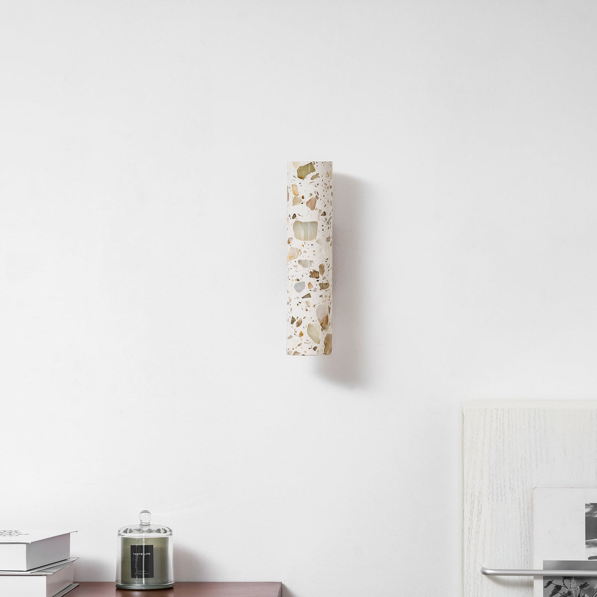 Wall Lamp Terrazzo Cylinder – Walnut Wooden Base – Handmade Natural Stone – Retro Column Design – Warm Light G9 – Living Room Bedroom Hallway | Sansoti