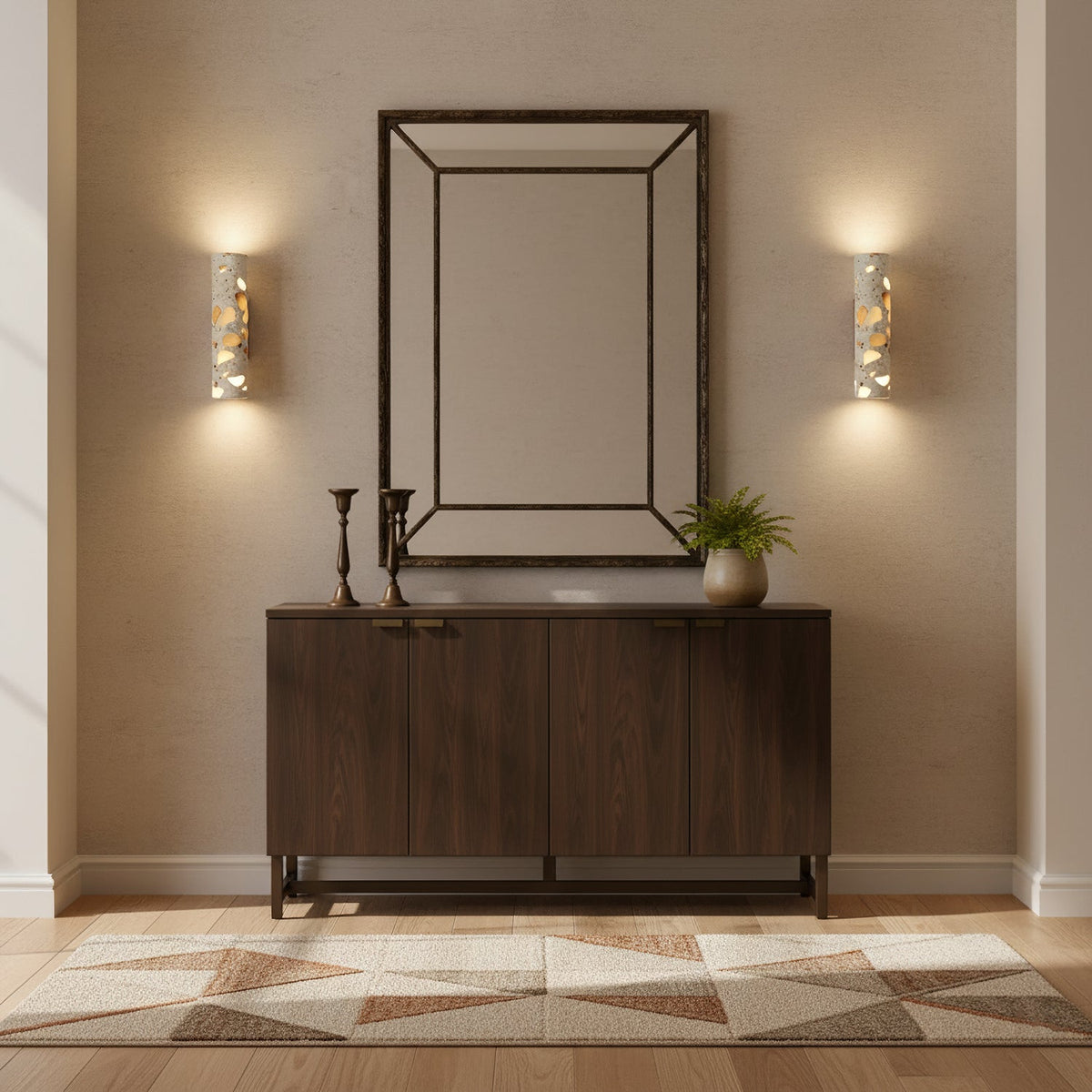 Wall Lamp Terrazzo Cylinder – Walnut Wooden Base – Handmade Natural Stone – Retro Column Design – Warm Light G9 – Living Room Bedroom Hallway | Sansoti