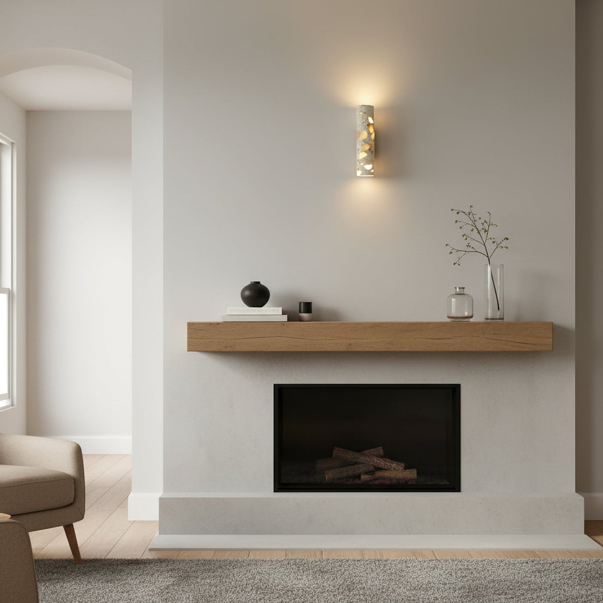 Wall Lamp Terrazzo Cylinder – Walnut Wooden Base – Handmade Natural Stone – Retro Column Design – Warm Light G9 – Living Room Bedroom Hallway | Sansoti