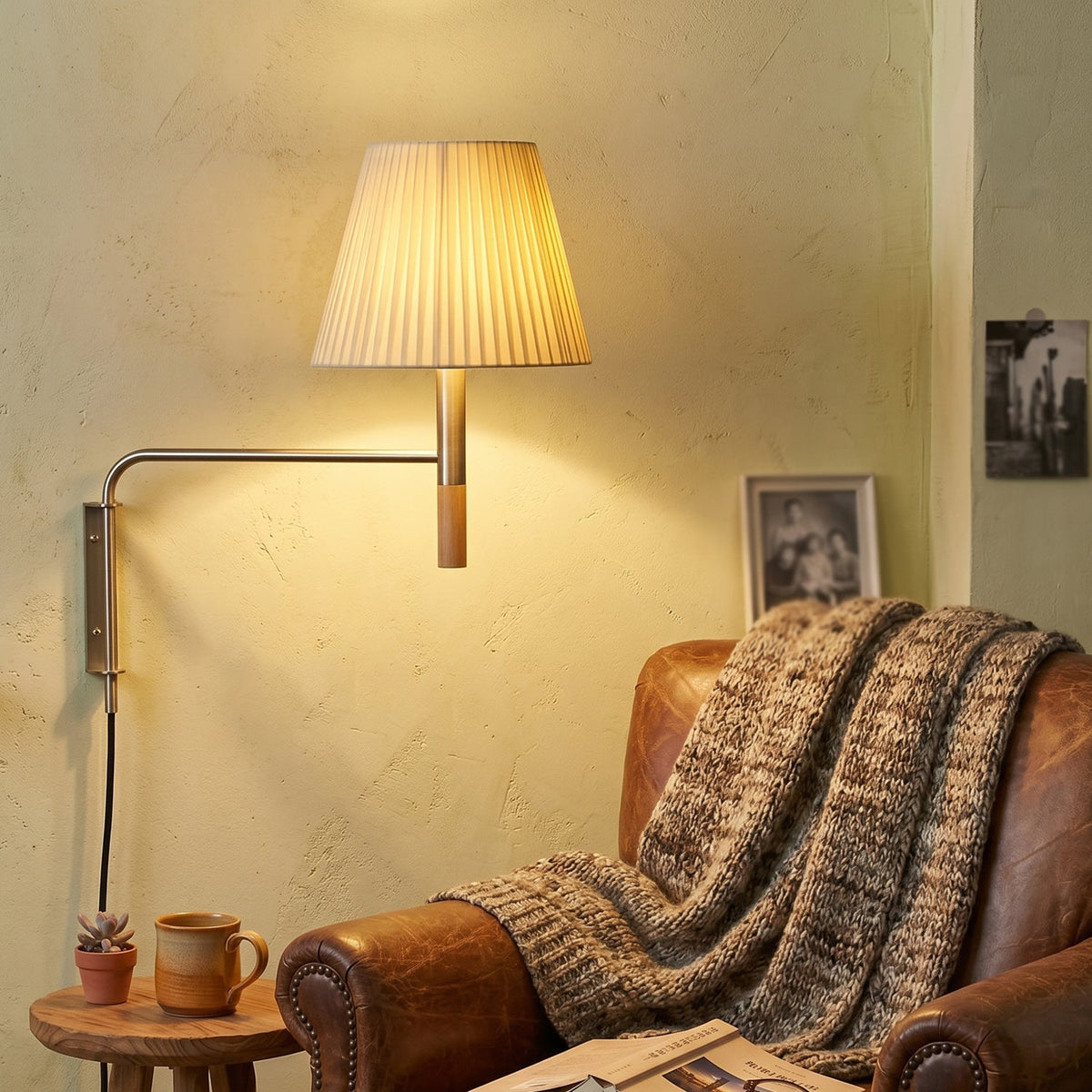 Adjustable Wall Lamp with Swivel Arm – Modern Design Reading Lamp with Hand-Knitted Parchment or Pleated Shade | Sansoti