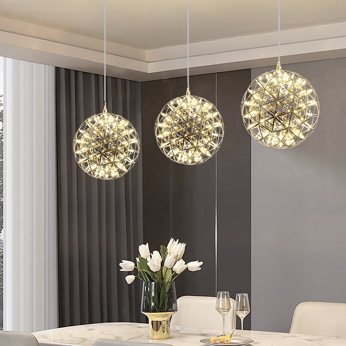 LED Pendant Lamp Silver Globe Ambient Lighting Modern Light Globe with Dimmable Light Points Transparent Crystal Globe Decorative Scandinavian Warm White Industrial Design Interior Lamp | Sansoti