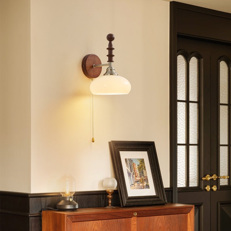 Vintage Wandlamp Met Trekkoord, Walnoot Houten Wandplaat En Opaalglazen Kap | Sansoti