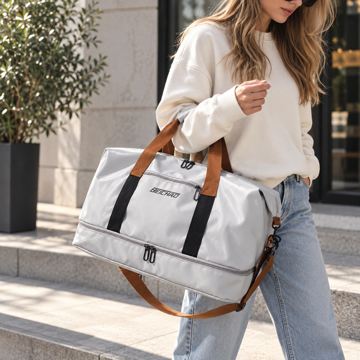 Torba sportowa z przegrodą na buty i oddzielną komorą mokrą-suchą 46x25x28cm Tkanina Oxford Mocowanie do walizki Siłownia Fitness | Sansoti