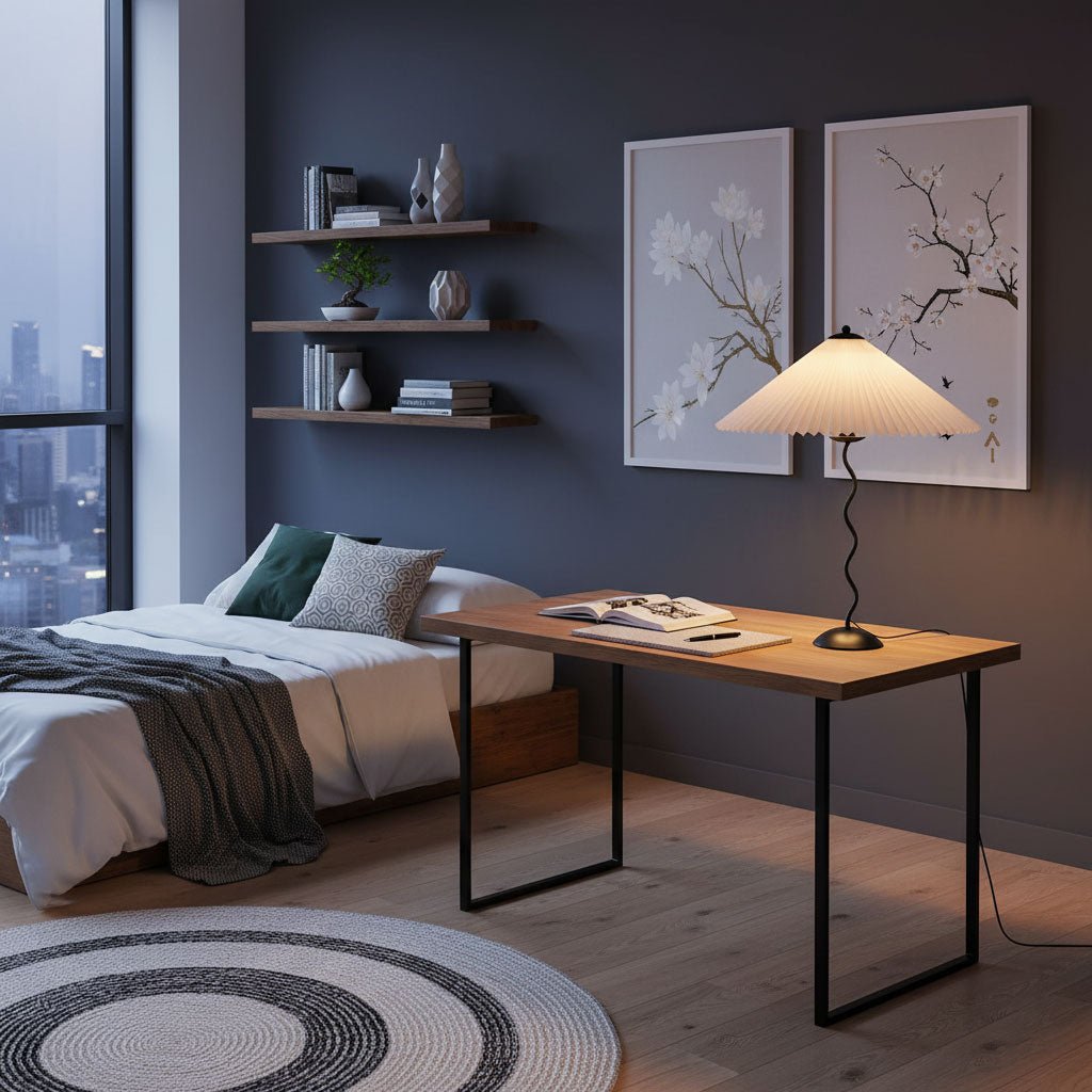 Table lamp with wavy base and pleated shade – Scandinavian accent for living room, hallway or bedroom | Black base with beige, white, dark green or black fabric shade | E14 socket | Dimmable with push button | Sansoti
