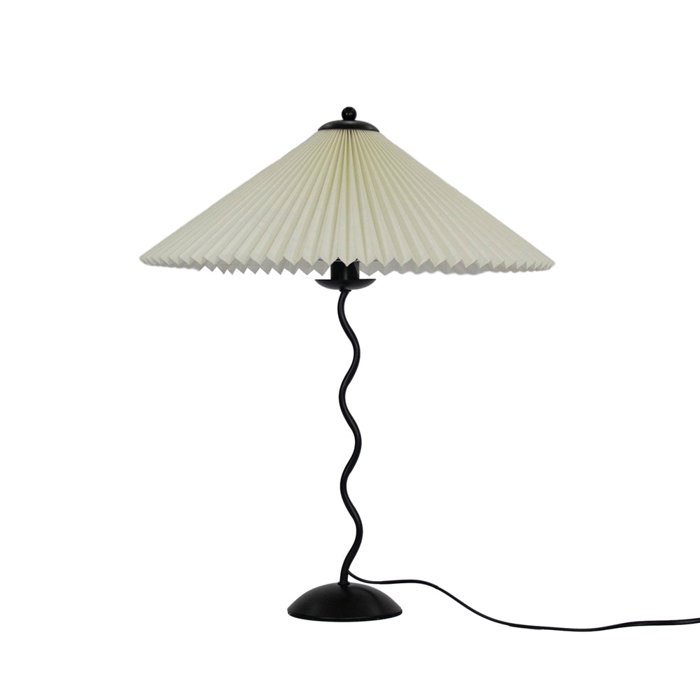 Table lamp with wavy base and pleated shade – Scandinavian accent for living room, hallway or bedroom | Black base with beige, white, dark green or black fabric shade | E14 socket | Dimmable with push button | Sansoti