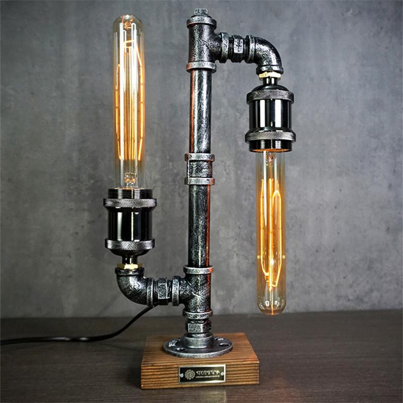 Lampe de table industrielle en métal et bois, design steampunk avec tuyau de plomberie, E26 E27, lampe de table rétro pour le salon | Sansoti