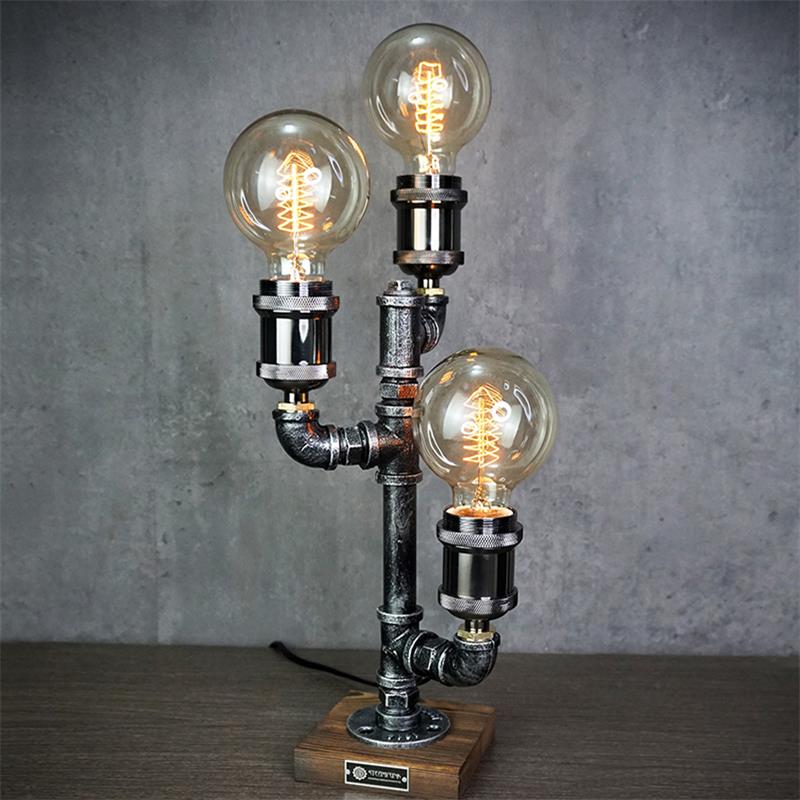 Lampe de table industrielle en métal et bois, design steampunk avec tuyau de plomberie, E26 E27, lampe de table rétro pour le salon | Sansoti