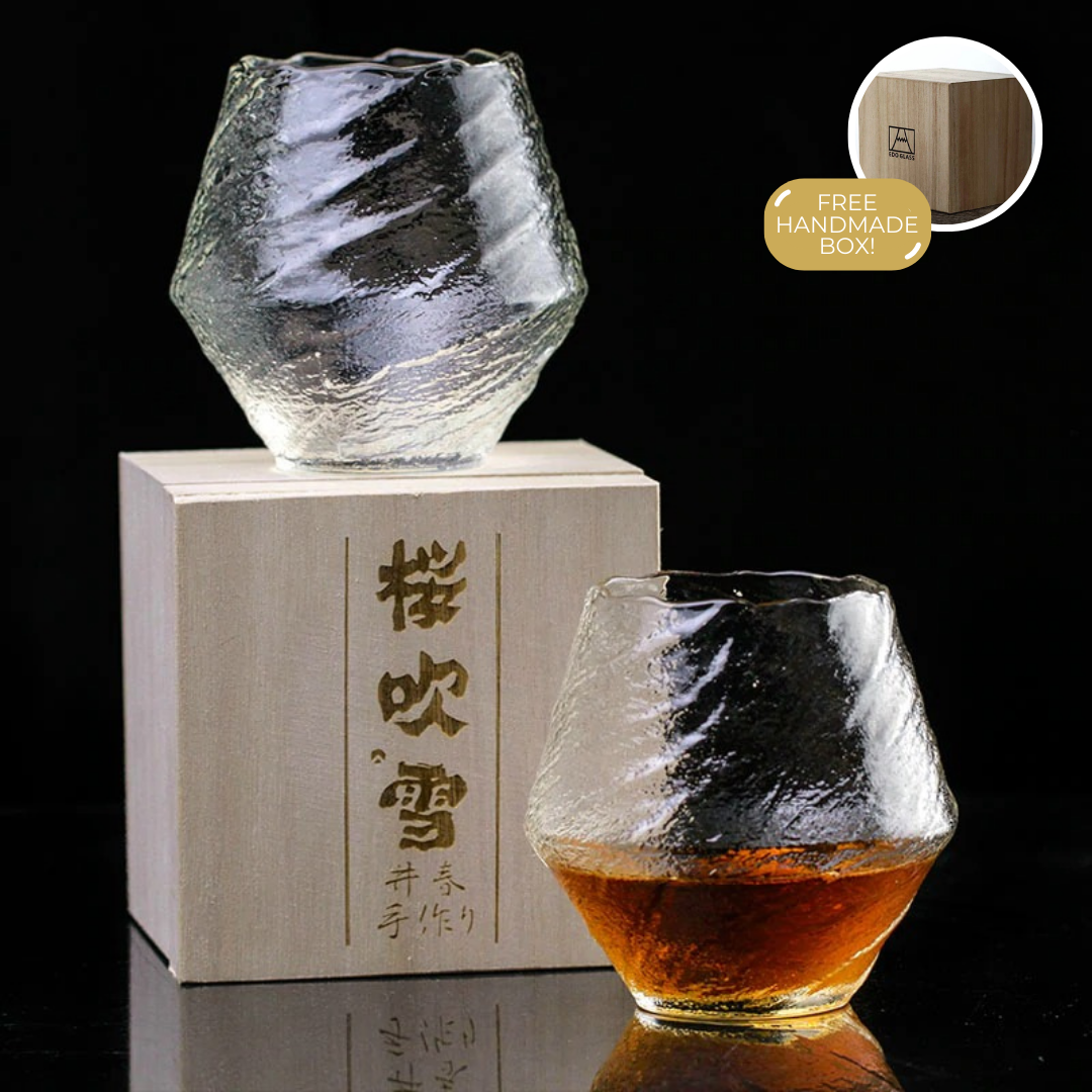Verre à whisky japonais fait main 380ml en cristal résistant à la chaleur, design artisanal inspiré de la comète, boîte cadeau en bois, verre à boire premium, technique traditionnelle, objet de collection | Sansoti
