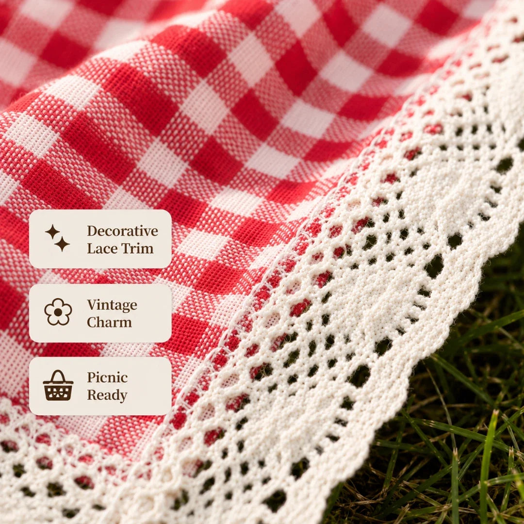 Checked Picnic Blanket with Crocheted Edge, Red, Soft Outdoor Rug, Outdoor Blanket for Garden, Park, and Beach, 5 Sizes | Sansoti