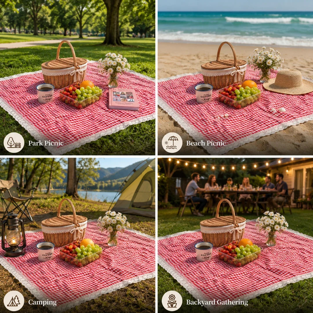 Checked Picnic Blanket with Crocheted Edge, Red, Soft Outdoor Rug, Outdoor Blanket for Garden, Park, and Beach, 5 Sizes | Sansoti