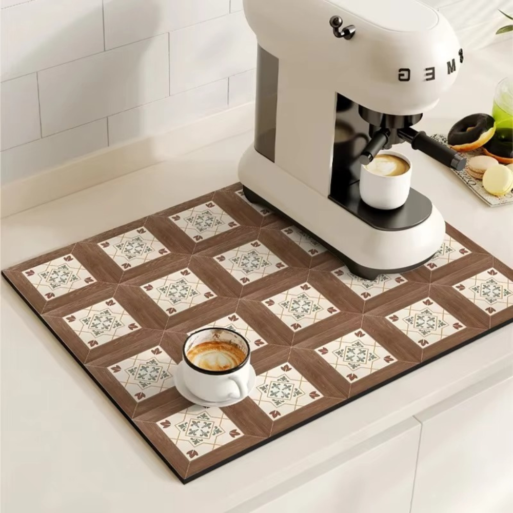 Retro Design Absorbierende Kaffeematte – Schnelltrocknend Wasserfestes Gummi – Vintage Fliesenmuster Trockenmatte für Kaffeeecke Arbeitsplatte Geschirrabtropfer | Sansoti