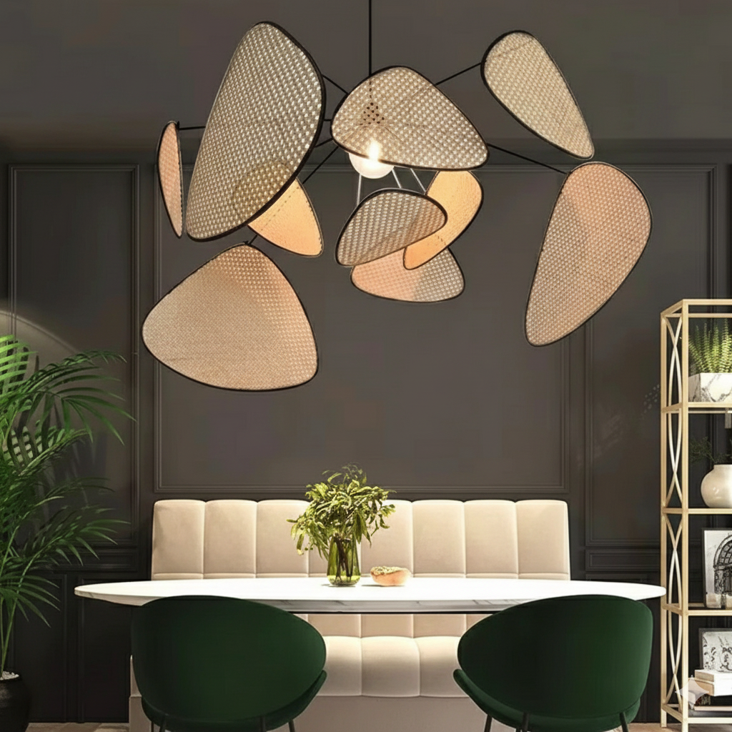 Lampa wisząca z rattanu, ręcznie pleciona, czarna i naturalna, E27, do salonu i jadalni, boho, skandynawska | Sansoti
