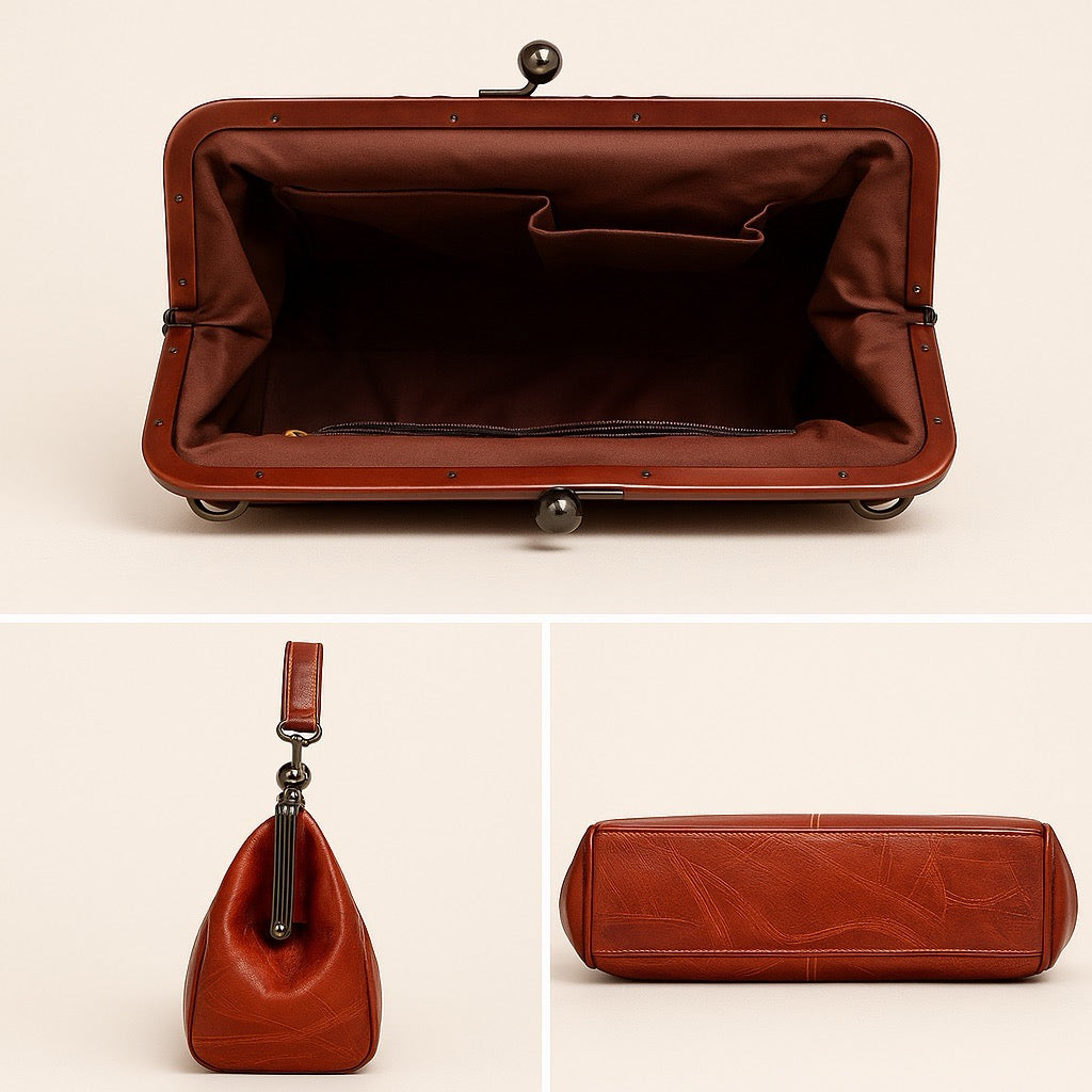 Vintage Handbag with Kiss-Lock Closure Retro Clutch for Women Evening Bag Party Bag Shoulder Bag Elegant Design Brown Black | Sansoti