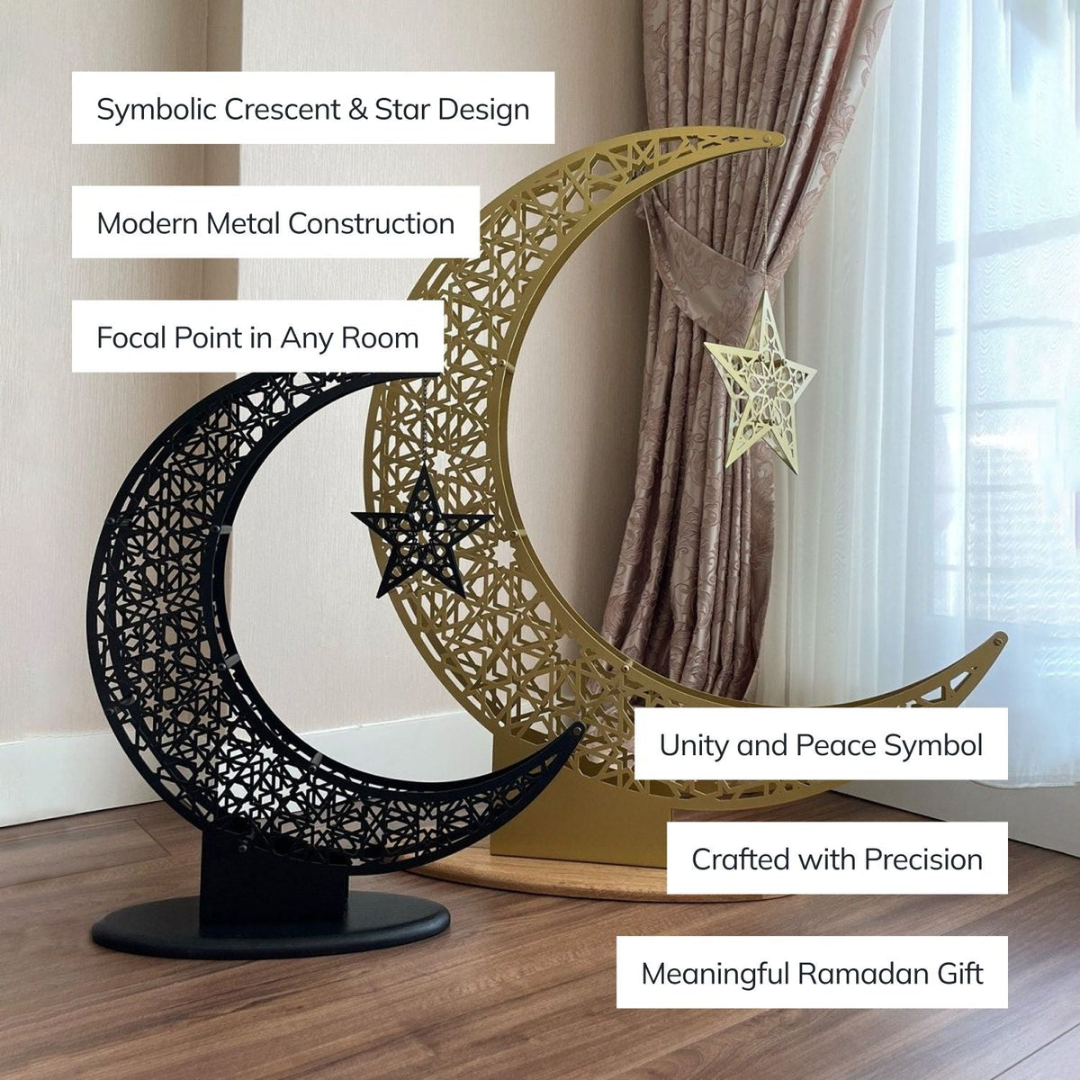 Islamic Moon & Star Wall Decoration — Metal Ramadan Ornament in Gold or Black | Sansoti