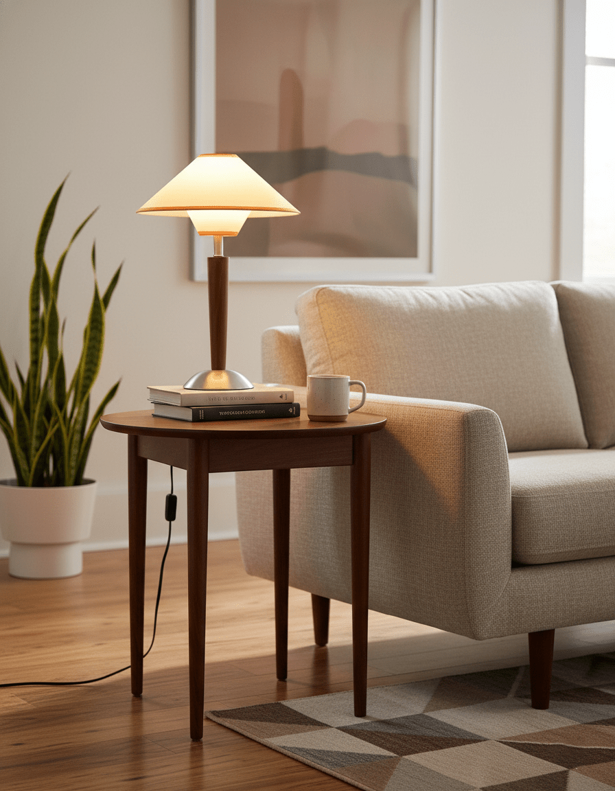 Holz-Tischleuchte mit Stoffschirm – Walnuss oder Nickel – warmes, modernes Design – E26/E27 – Plug-in mit Schalter | Sansoti
