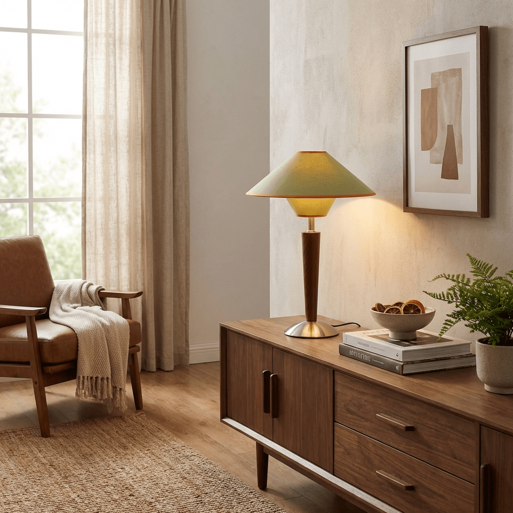 Holz-Tischleuchte mit Stoffschirm – Walnuss oder Nickel – warmes, modernes Design – E26/E27 – Plug-in mit Schalter | Sansoti