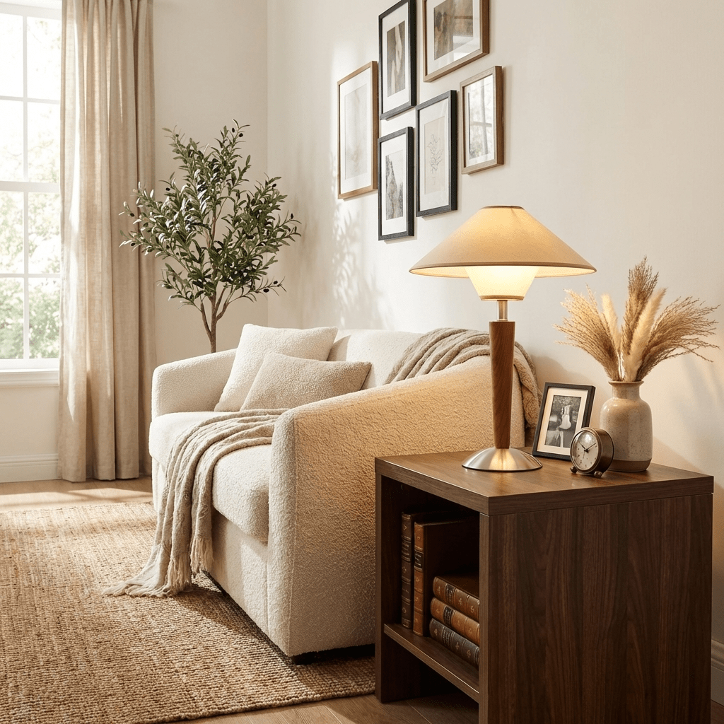 Holz-Tischleuchte mit Stoffschirm – Walnuss oder Nickel – warmes, modernes Design – E26/E27 – Plug-in mit Schalter | Sansoti