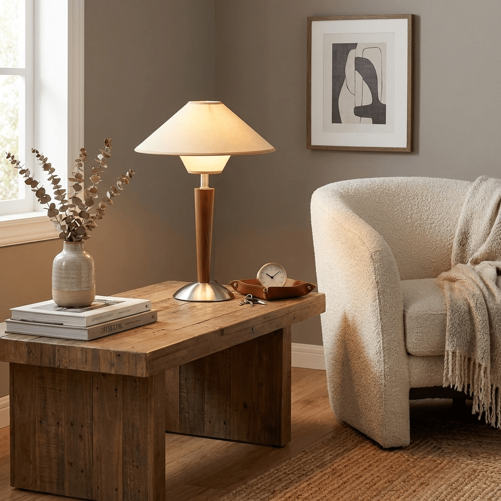 Holz-Tischleuchte mit Stoffschirm – Walnuss oder Nickel – warmes, modernes Design – E26/E27 – Plug-in mit Schalter | Sansoti